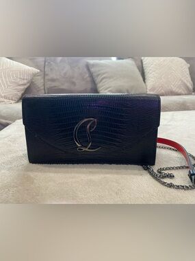 Christian Louboutin Black Lizard-Embossed Clutch with Signature Logo